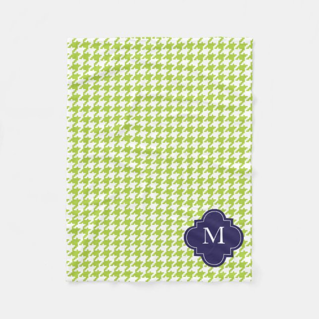 Personalised Apple Green, Navy Houndstooth Pattern Fleece Blanket (Front)