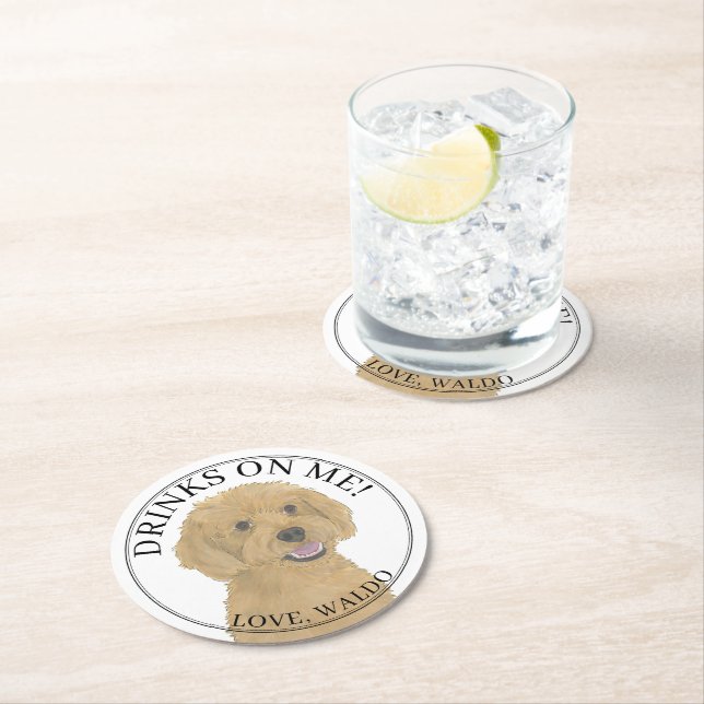 Personalised Apricot Golden Doodle Dog Wedding Round Paper Coaster (Insitu)