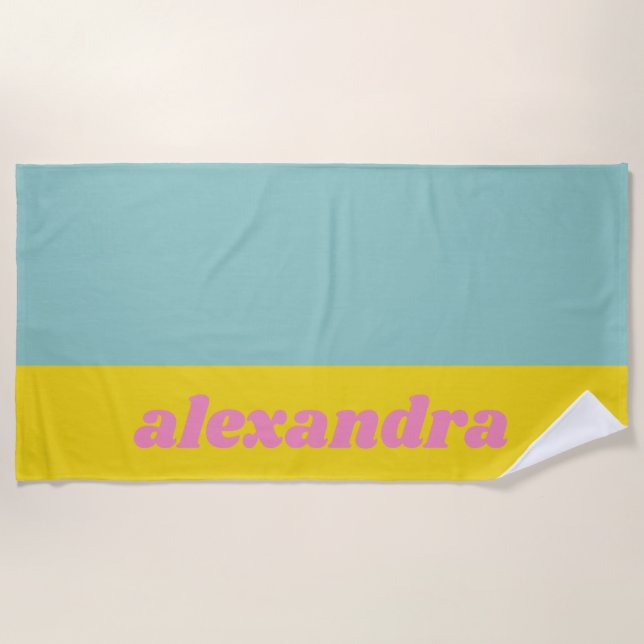 Personalised Aqua and Yellow Retro Typography Fun Beach Towel (Front)