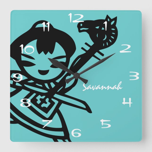 Personalised Aqua Asian Girl Vintage Drawing Clock (Front)