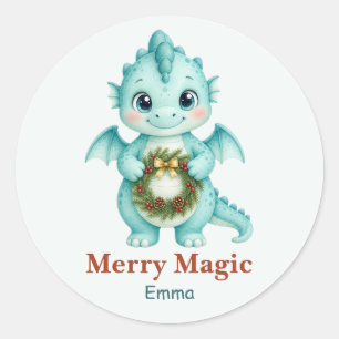 Personalised Aqua Baby Dragon Christmas Wreath Classic Round Sticker
