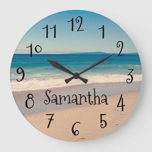 Personalised Aqua Beach Scene Black Text Large Clock (Front)