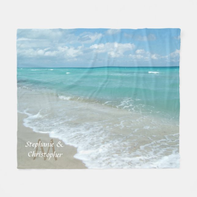 Personalised Aqua Beach Wedding Monogram Names Fleece Blanket (Front (Horizontal))