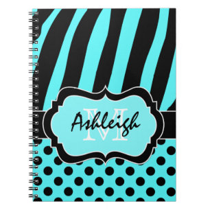 Personalised Aqua Black White Striped Polka Dots Spiral Notebook