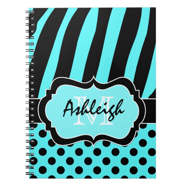 Personalised Aqua Black White Striped Polka Dots Spiral Notebook (Front)