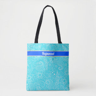 personalised aqua blue and white intricate design tote bag