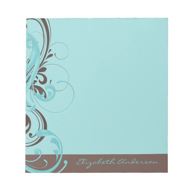 Personalised Aqua Blue Brown Floral Notepad (Front)