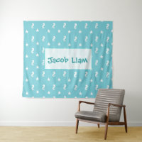 Personalised Aqua Blue Seahorse Boys Name Tapestry