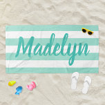 Personalised Aqua Blue Striped Script Name Beach Towel<br><div class="desc">Personalised beach towel design features custom text in modern turquoise / teal blue script that can be personalised with a first or last name against a pattern of white stripes on a light aqua green blue background. Colours and font style can be completely customised.</div>