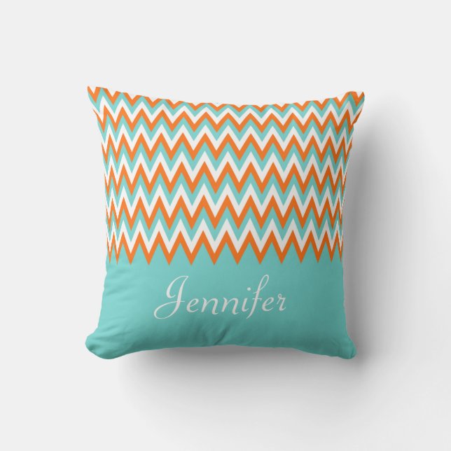 Personalised Aqua Blue White Orange Chevron Cushion (Front)