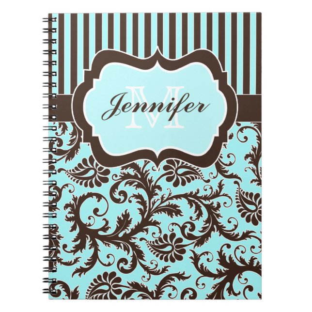 Personalised Aqua Brown White Striped Notebook (Front)