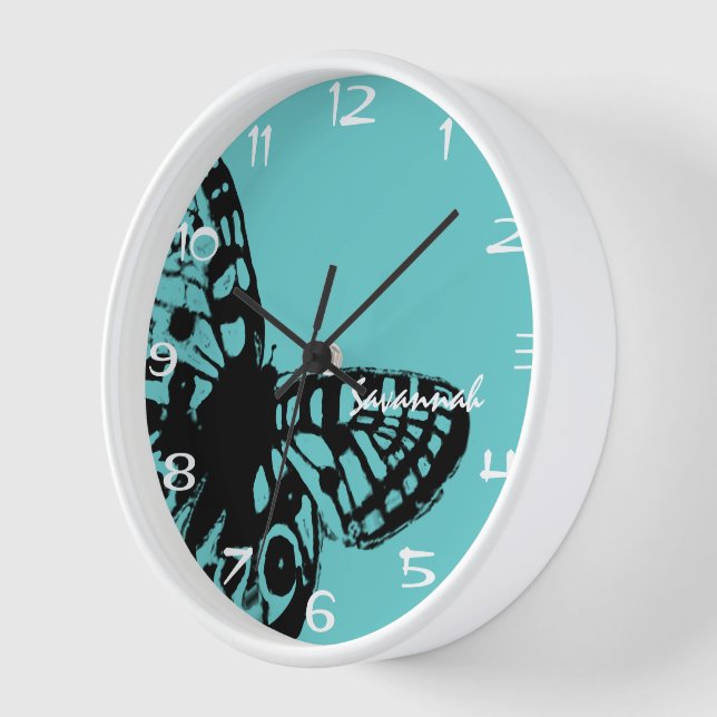 Personalised Aqua Butterfly Vintage Clock (Angle)