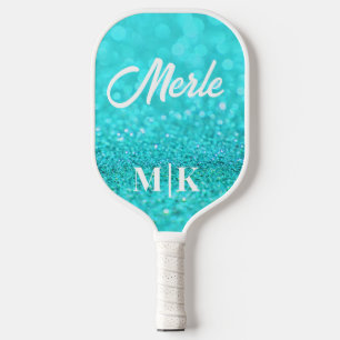 Personalised Aqua Glitter Monogrammed Pickleball Paddle