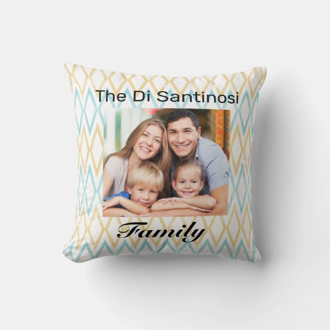 Personalised Aqua & Gold Diamond Family Photo Cushion (Front)