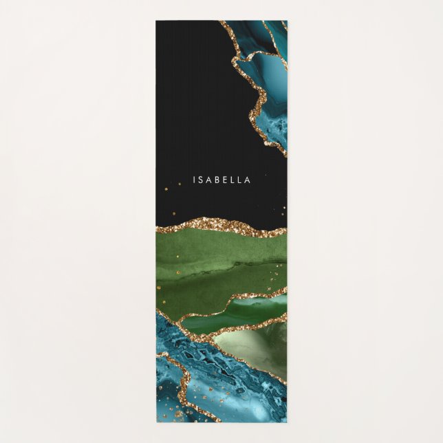 Personalised Aqua/Green Agate w/Gold Glitter Veins Yoga Mat (Front)