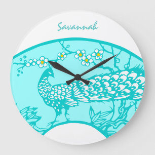 Personalised Aqua Peacock Bird Wall Clock