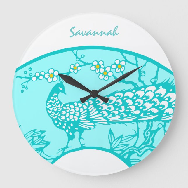 Personalised Aqua Peacock Bird  Wall Clock (Front)