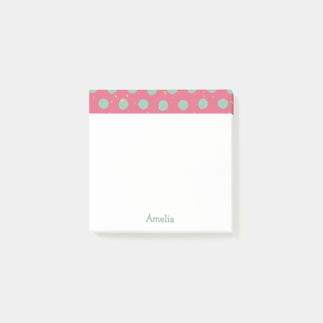Personalised Aqua Polka Dot with Tiny Stars Post-it Notes (Front)