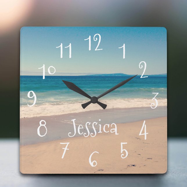 Personalised Aqua Seaside Beach Scene Square Wall Clock (Personalized Aqua Seaside Beach Scene Square Wall Clock)