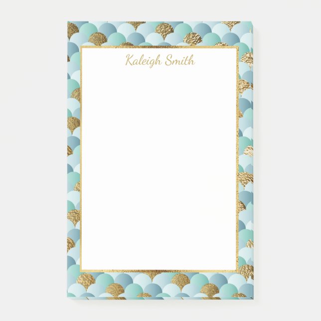 Personalised Aqua Teal Gold Mermaid Scales Post-it Notes (Front)