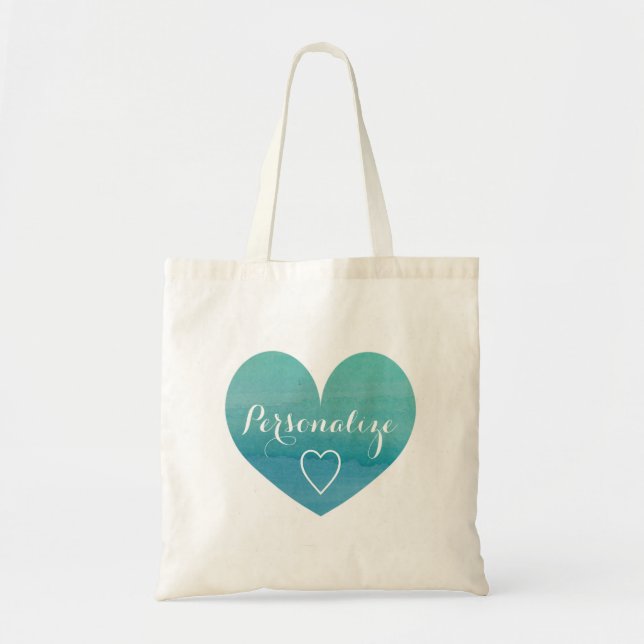 Personalised aqua water colour heart tote bag (Front)