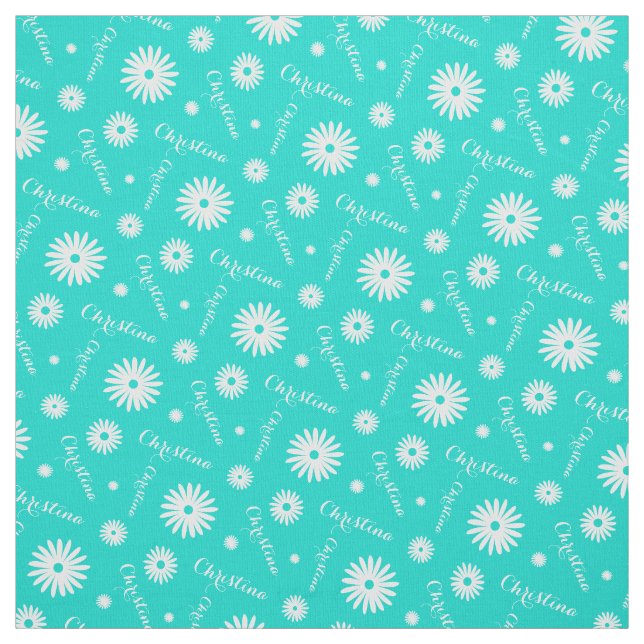 Personalised aqua white daisy name pattern fabric (Swatch)