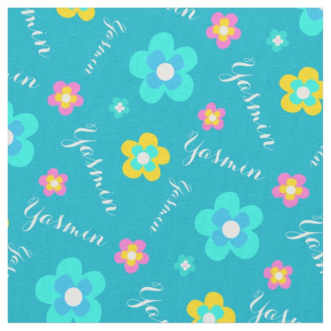 Personalised aqua white pink yellow name pattern fabric (Close Up)