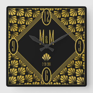 Personalised Art Deco Fan Pattern Couple Monogram Square Wall Clock