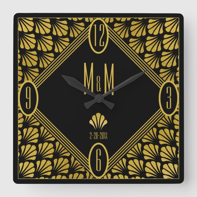 Personalised Art Deco Fan Pattern Couple Monogram Square Wall Clock (Front)