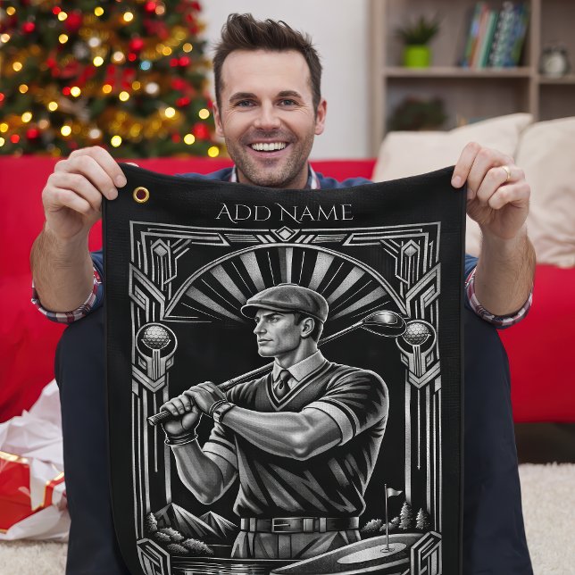 Personalised Art Deco Golf Towel (Male golfer with deco golf towel)