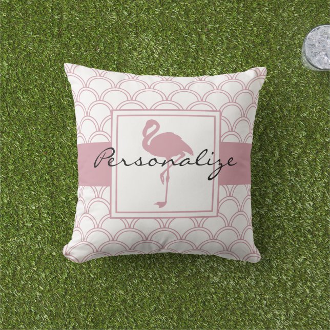 Personalised Art Deco Wave Patten Pink Flamingo Cushion (Grass)