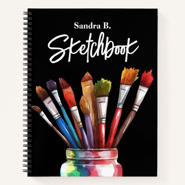 Personalised Artist Paintbrush Black Sketchbook Notebook (Front)