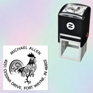 Personalised Artistic Rooster Round Return Address Self-inking Stamp