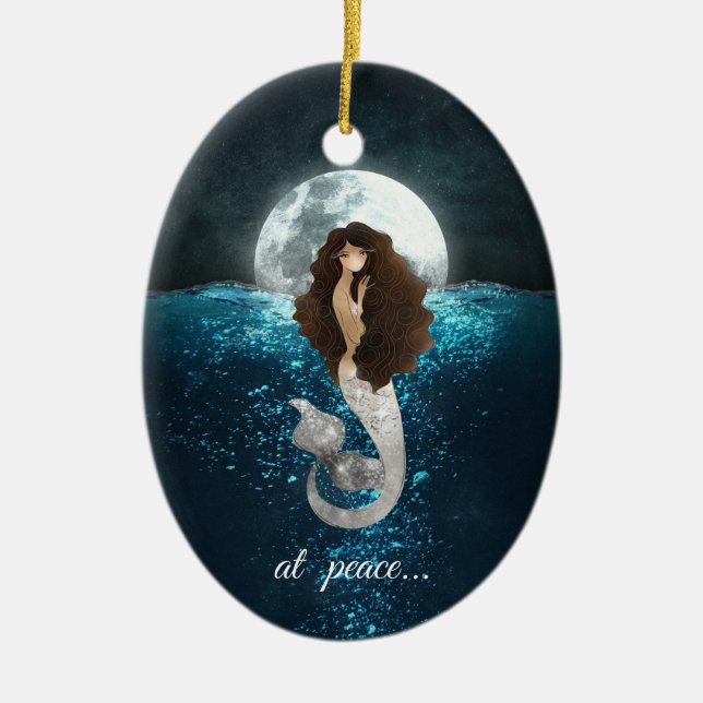 Personalised at peace Mermaid, Full Moon Christmas Ceramic Tree Decoration (Front)