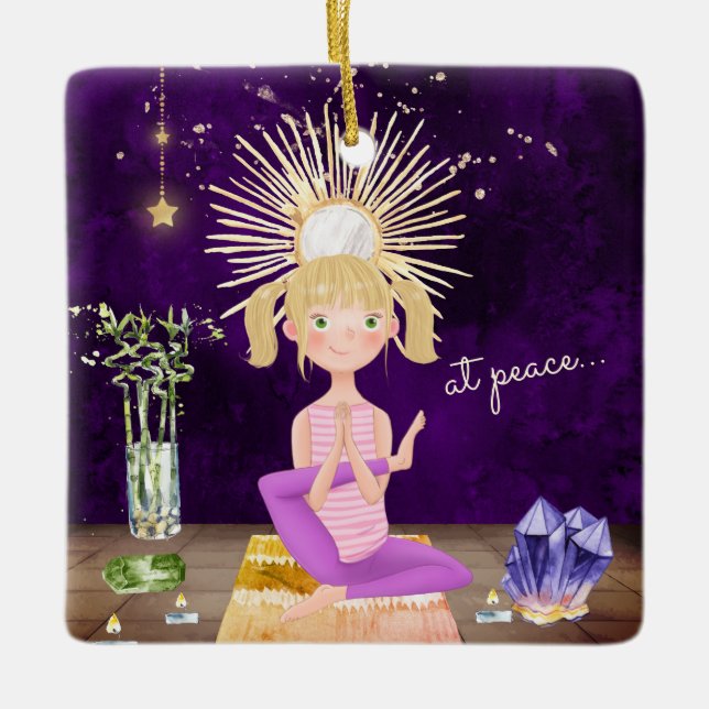 Personalised At Peace Yoga Blonde Girl Christmas Ceramic Ornament (Front)