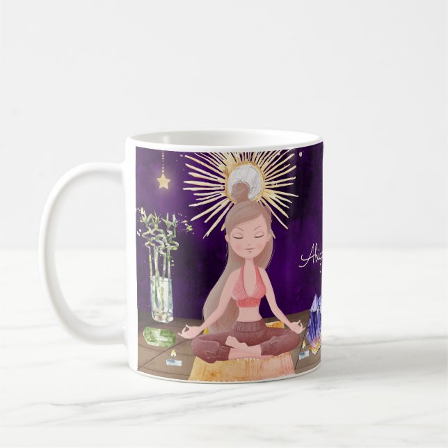 Personalised At Peace Yoga Girl and Crystals Coffee Mug (Left)