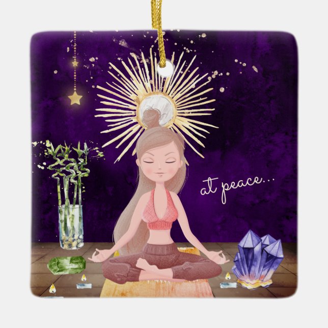 Personalised At Peace Yoga Girl Christmas Ceramic Ornament (Front)