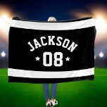 Personalised Athlete Name and Number Black Fleece Blanket<br><div class="desc">Personalised sports fleece blanket for athletes features a first or last name in curved sporty lettering along with a team number. Wide horizontal stripes and stars accent this simple and stylish design. The colour scheme of black and white can be modified to coordinate with your club or school colours.</div>