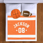 Personalised Athlete Name and Number Orange Fleece Blanket<br><div class="desc">Personalised sports fleece blanket for athletes features a first or last name in curved sporty lettering along with a team number. Wide horizontal stripes and stars accent this simple and stylish design. The colour scheme of orange and white can be modified to coordinate with your club or school colours.</div>