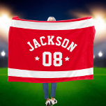 Personalised Athlete Name and Number Red Fleece Blanket<br><div class="desc">Personalised sports fleece blanket for athletes features a first or last name in curved sporty lettering along with a team number. Wide horizontal stripes and stars accent this simple and stylish design. The colour scheme of red and white can be modified to coordinate with your club or school colours.</div>
