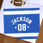 Personalised Athlete Name and Number Royal Blue Fleece Blanket<br><div class="desc">Personalised sports fleece blanket for athletes features a first or last name in curved sporty lettering along with a team number. Wide horizontal stripes and stars accent this simple and stylish design. The colour scheme of royal blue and white can be modified to coordinate with your club or school colours....</div>