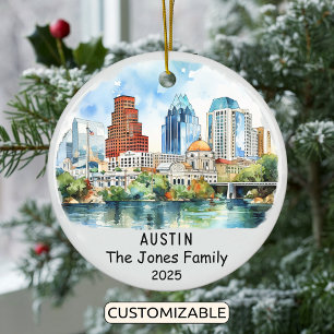 Personalised Austin Ornament, Texas Ceramic Tree Decoration