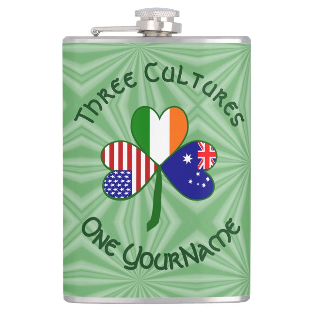 Personalised Australia Ireland USA Shamrock Large Hip Flask (Front)