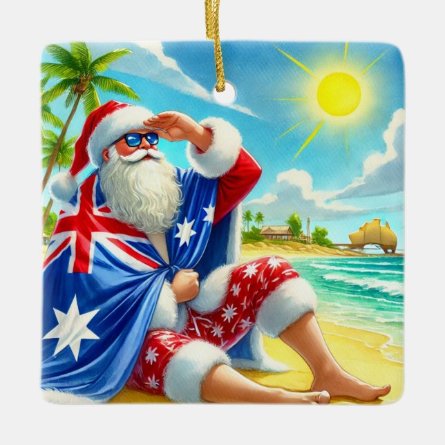 Personalised Australian Santa on Beach Christmas  Ceramic Ornament (Front)