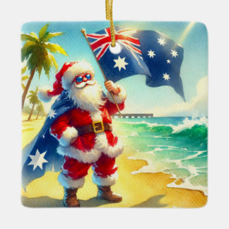 Personalised Australian Santa on Beach Christmas Ceramic Ornament