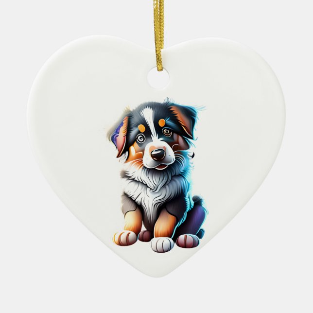 Personalised Australian Shepherd Puppy Ceramic Tree Decoration (Front)
