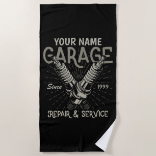 Personalised Auto Mechanic Garage Retro Spark Plug Beach Towel
