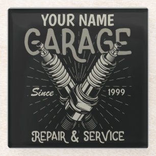 Personalised Auto Mechanic Garage Retro Spark Plug Glass Coaster
