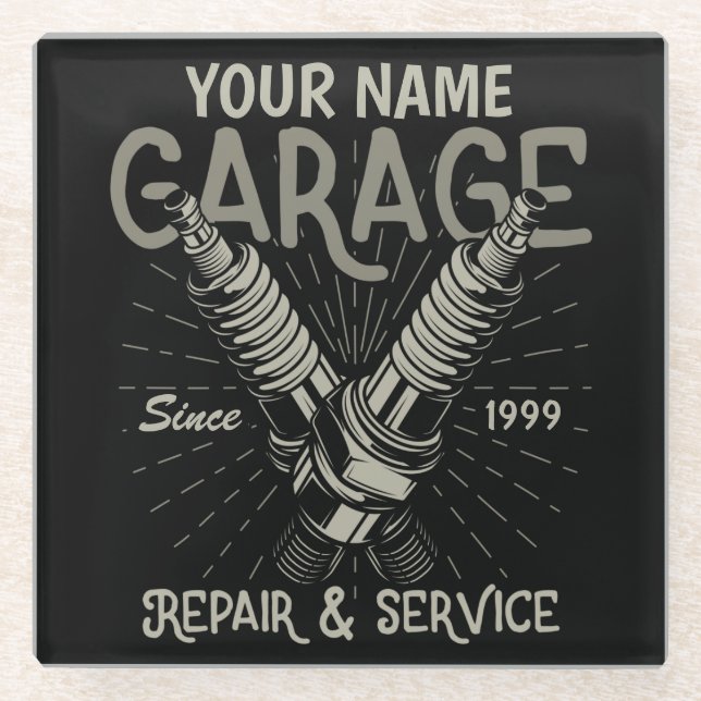 Personalised Auto Mechanic Garage Retro Spark Plug Glass Coaster (Front)
