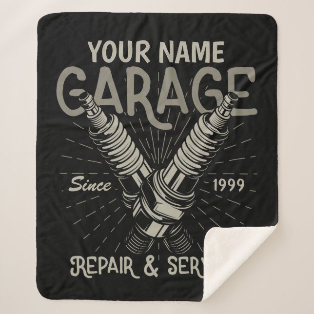 Personalised Auto Mechanic Garage Retro Spark Plug Sherpa Blanket (Front)